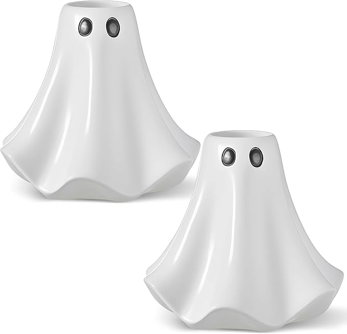2 Pcs Halloween Ghost Candlestick Holders Cute Ghost Shape Candle Stick Holders Ceramic Taper Candle Holder for Halloween Wedding Party Holiday Office Home Decor Gift