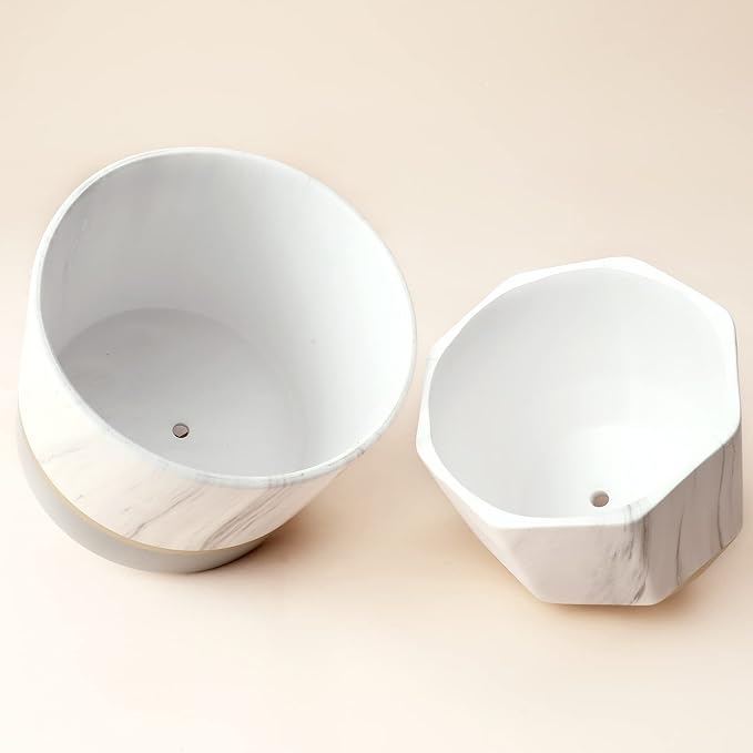 LA JOLIE MUSE White Ceramic Flower Pot Garden Planters 6.7 + 5.4 Inch Indoor, Plant Containers in a Marble Ink Pattern with Gold and Grey Detailing