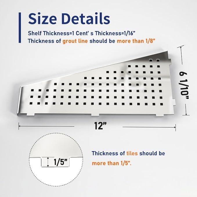 Corner Shower Shelf 12" Polished 304 Stainless Steel Recessed Trapezoid Shampoo Shelves with Grid Design Bathroom Shelf Racks for Tiled Wall, No Drilling Needed, 2 Pack
