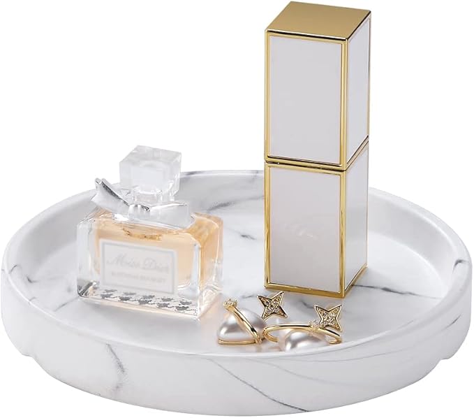 Elegant Marbled Round Jewelry Dish Key Holder, White Ceramic Vanity Tray Bathroom Organizer for Soap Perfume Candle Small Plant, Mini Dresser Organizer Home Decor(Grey Striped, Circular, 4.7")