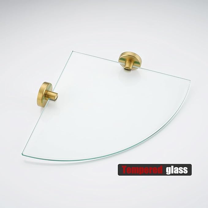 JQK Corner Glass Shelf, Brushed Gold Bathroom 304 Stainless Steel Shower Triangle Floating Wall Shelf, 10 x 10 Tempered Glass, 2 Pack TGS190L10-BG-P2