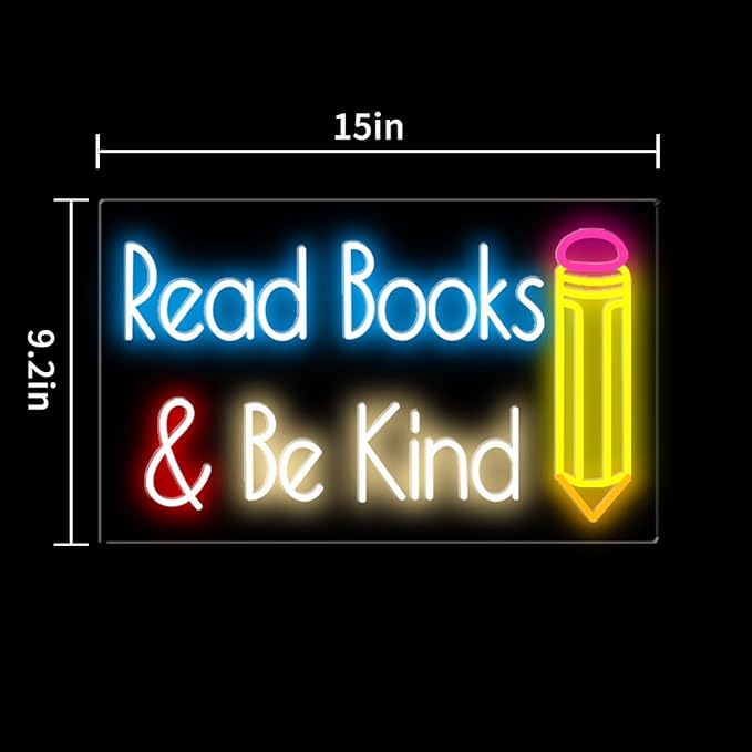 Read Books and Be Kind Neon Sign for Wall Decor, Dimmable LED Reading Sign Classroom, USB Books Neon Light for Reading Room Library Book Party Decoration, 15”x 9.2”