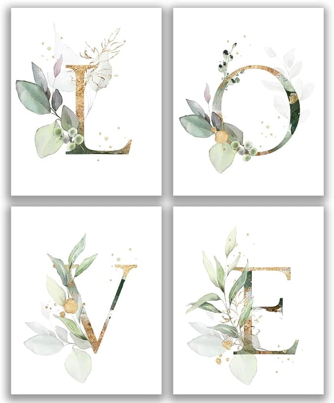 Love Botanical Simple Life Green Leaf Painting Bathroom Wall Decor Art Print Set of 4(8”X10”), Boho Leaf Eucalyptus Wall Décor, Watercolor Modern Bohemia Botanical Floral Leaves Kitchen Plant