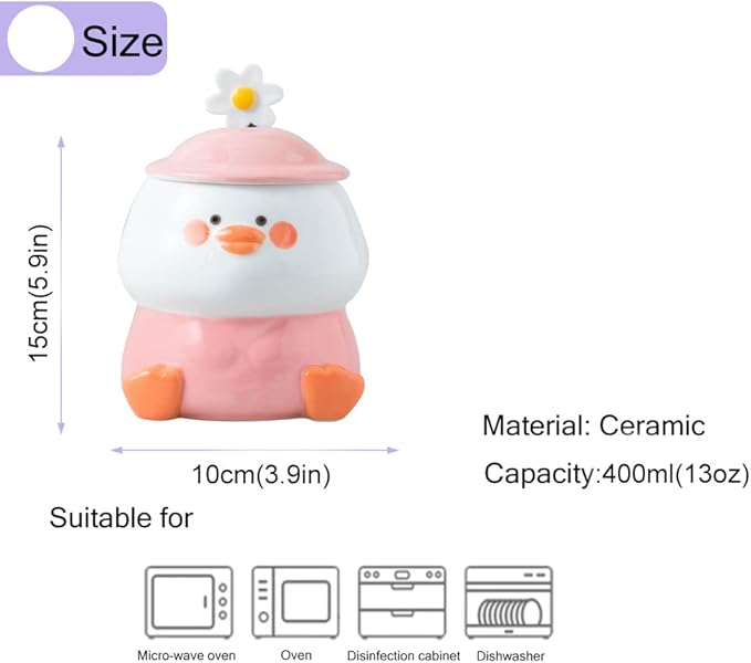 Cute 3D Duck Coffee Mug,Funny Duck Ceramic Coffee Cup with Hat Lid and Lovely Flower Spoon,Suit for mug warmer,Novelty Morning Mug Christmas Birthday Present for Office Friends Women Girls