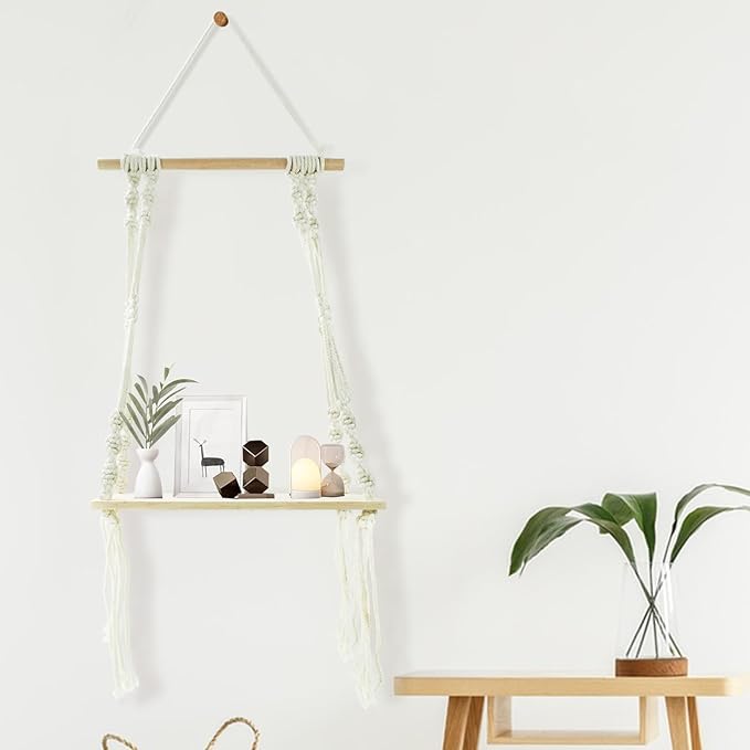 Floating Shelves, Macrame Wall Hanging Boho Decor Wall Shelf Wood Storage Shelves Plant for Wall Decor Hanging Shelf for Bedroom Bathroom Living Room