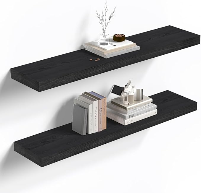 Habudda Floating Shelves, 35.5 Inches Wall Shelf for Rustic Home Decor, Bathroom, Bedroom, Kitchen, Natural Solid Wood, Invisible Bracket, 2 Pack