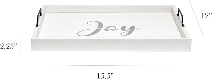 Elegant Designs, 15.50" x 12", Decorative Wood Serving Tray w/Handles, White Wash Joy (HG2000-WJY)