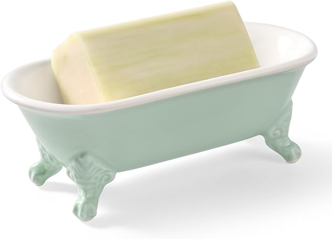 6.5" Ceramic Mini Decorative Clawfoot Bathtub Bar Soap Dish, Kitchen Sponge Holder and Shower Tray for Bathroom, 1 Pack(Bright Teal)