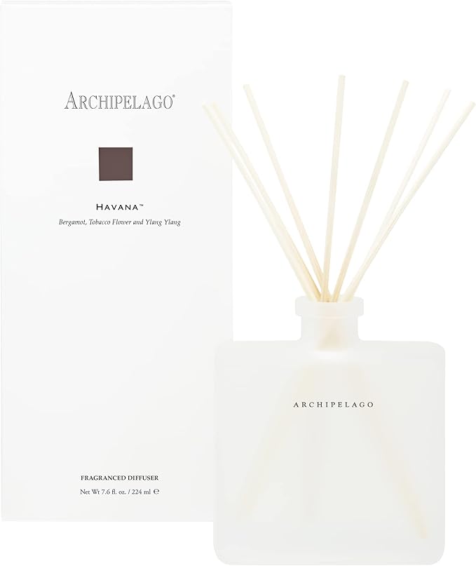 Archipelago Botanicals Havana Reed Diffuser, Home Fragrance Reed Diffuser, Includes Fragrance Oil, Frosted Glass Vessel & 10 Diffuser Reeds, Perfect for Home, Office or Gift, 7.6 Fl Oz