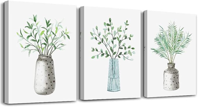 AHUASJART Canvas Wall Art Paintings For Kitchen Dining Room Family Wall Decor For Bedroom Wall Decoration For Living Room Office Decor Green Leaf Vase Wall Pictures Artwork For Home Walls 3 Piece