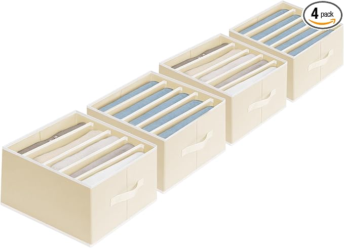 Clothes Organizers and Storage - Fabric Jeans Organizer with Handles, Foldable Drawer Dividers for Clothes, Closet Shelf Organizer for Shirts, Bra, Sweater, Scarf, 4 Pack, Pale Yellow