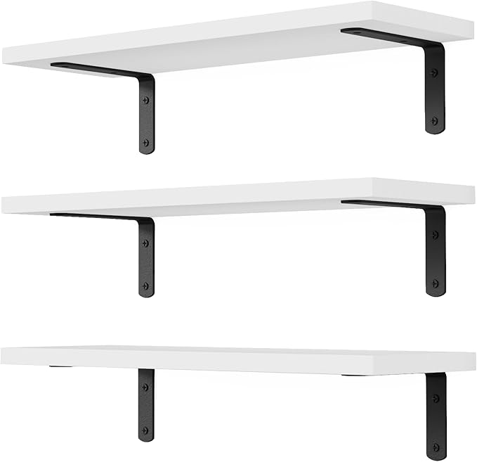 Floating Shelves, 3 Sets Wall Shelves, Wooden Floating Shelves for Wall Décor, Wall Mounted Floating Bathroom Shelf for Storage, Floating Book Shelf for Wall, Bedroom, Living Room – White