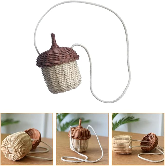 Cute Acorn Basket with Lid: Acorn Shaped Basket Shoulder Bag Hand Woven Rattan Storage Baskets Decorative Picnic Baskets Wicker Crossbody Bag for Girls Women