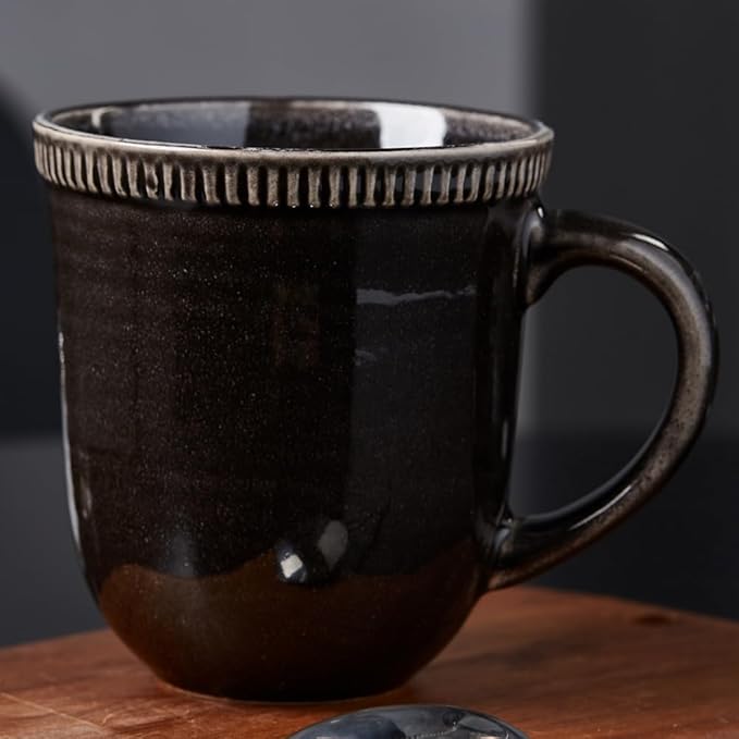 Ceramic Coffee Mugs, Black mugs, 15oz, Vintage Tea Cups with Handle for Office/Home, Handmade Pottery Mug, Embossment Craft, Dishwasher and Microwave Safe. (Black)