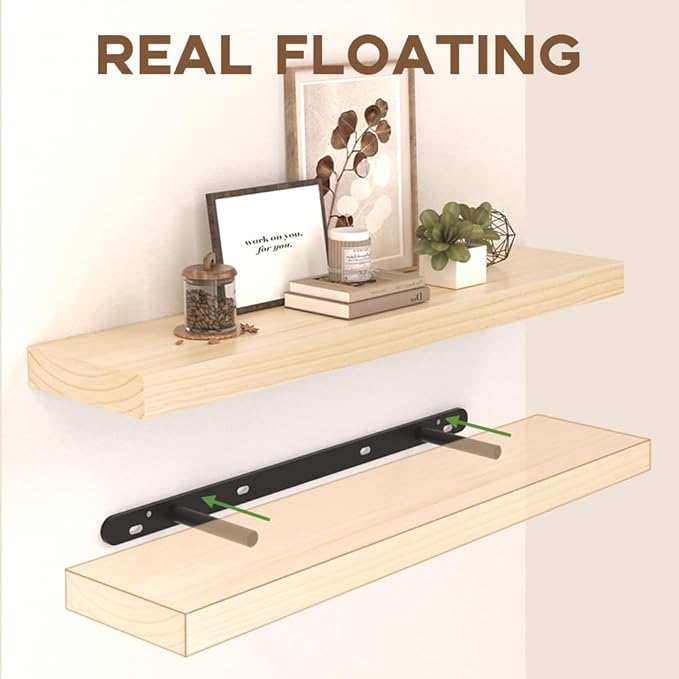 Habudda Floating Shelves for Wall, Bathroom Bedroom Kitchen Book Shelf, Rustic Wooden Home Decor Plant Display, Varnished Natural Solid Wood, Mounted Invisible Bracket, 30" Set of 2