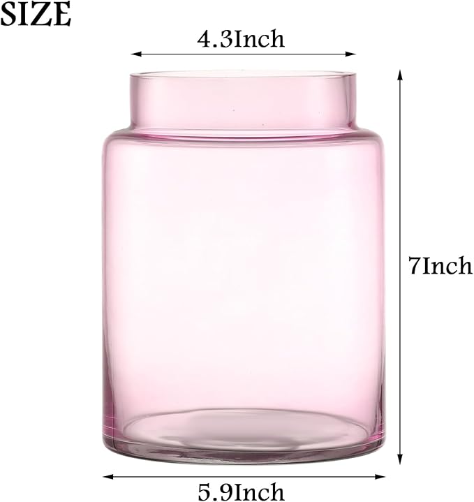Large Glass Vase, 7 Inch Pink Glass Vase, Large Flower Vases for Bouquet, Wide Mouth Vases for Flowers, Home, Wedding, Living Room, Office Decor