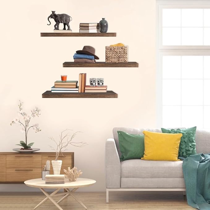 Floating Shelves for Wall, 16*6*1inch Wood Wall Mounted Shelves for Room Decor, Repisas Flotantes for Book Bathroom Bedroom Storage, Renter Friendly Shelves with Invisible Brackets (Brown)