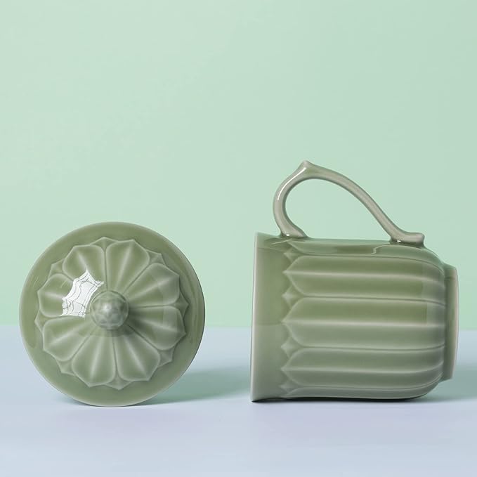 Porcelain Lotus Tea Cup with Lid and Handle, 12 oz Unique Coffee Mug, Microwave Dishwasher Safe, Gifts for Women and Men, Aesthetic Chinese Celadon 1 Pack (Kiwi Green)