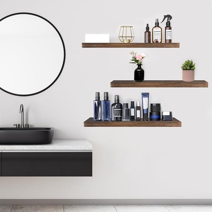 Floating Shelves for Wall, 16*6*1inch Wood Wall Mounted Shelves for Room Decor, Repisas Flotantes for Book Bathroom Bedroom Storage, Renter Friendly Shelves with Invisible Brackets (Brown)