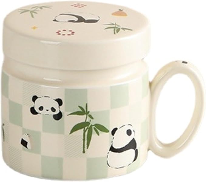 Ceramic Coffee Mug with Lid and Handle 380ml/12.85oz, Cute Cartoon Panda Design, Exquisite and Novelty Gift (Panda with Bamboo)