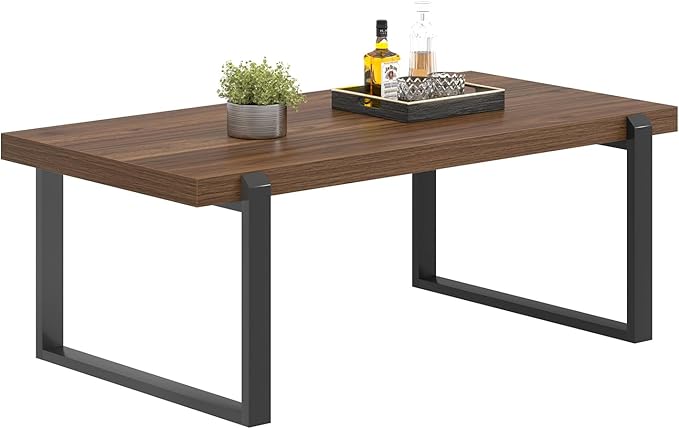 FOLUBAN Modern Coffee Table, Rustic Wood and Metal Center Table, Industrial Rectangle Cocktail Tea Table for Living Room, Walnut, 44 Inch