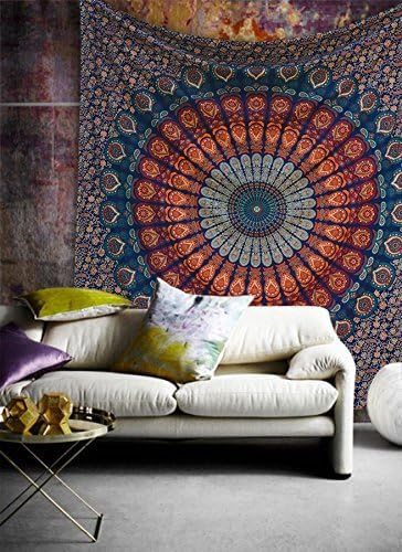 Bless International Handmade Indian hippie Bohemian Psychedelic Peacock Mandala Wall hanging College Dorm Beach Throws Table Cloth Bedding Tapestry (Golden Blue, Twin(54x72Inches)(140x185cms))