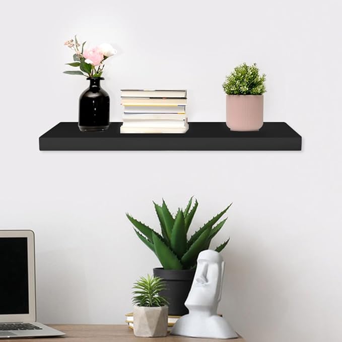 Floating Shelves for Wall, 16*6*1inch Wood Wall Mounted Shelves for Room Decor, Repisas Flotantes for Book Bathroom Bedroom Storage, Renter Friendly Shelves with Invisible Brackets (Black)
