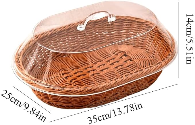 2 Pack Bread Basket with Acrylic Lid and Stainless Steel Tongs Rattan Bread Baskets Woven Fruit Basket with Cover for Food Vegetables Display