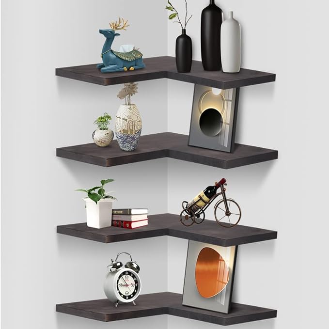 Natural Wood Set of 4 Wall Mount Bathroom Corner Shelves floating Corner Shelf L-shaped Floating Corner Shelves for Bedroom Kitchen Office Livingroom Rustic Corner Display Shelf Carbonized Black