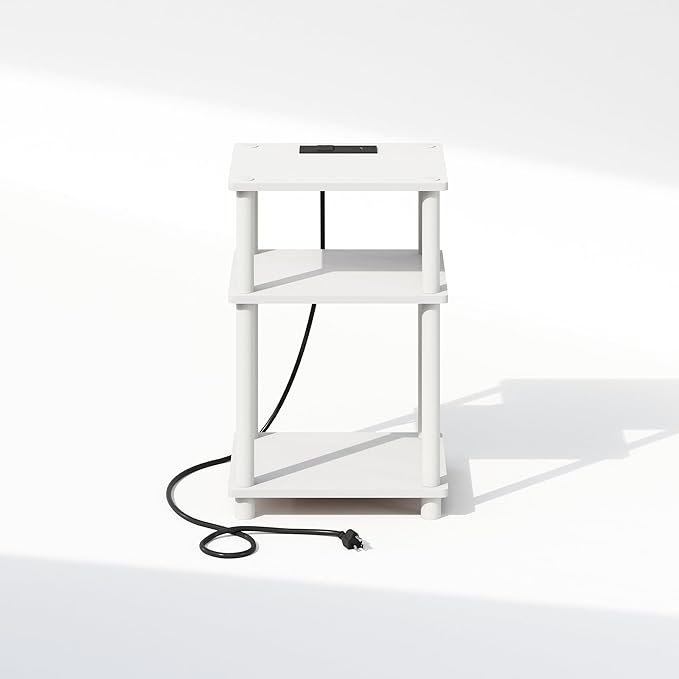 Furinno Just 3-Tier Turn-N-Tube Open Storage Nighstand, Bedside Table with USB and Type-C Charging Station, White/White