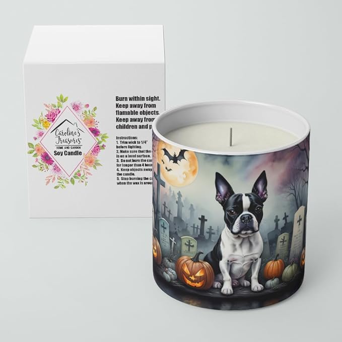 Caroline's Treasures DAC2020CDL Boston Terrier Spooky Halloween Decorative Soy Candle Nature Soy Wax Essential Oil Home Decor Ideal for Bedroom Kitchen Bath Office Gift, 10 oz