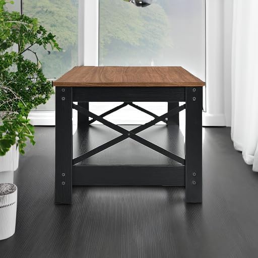 YITAHOME Coffee Tables for Living Room, Modern Farmhouse Coffee Table with Storage, 2-Tier Center Table Wood Living Room Table Accent Cocktail with Sturdy Frame, Brown and Black