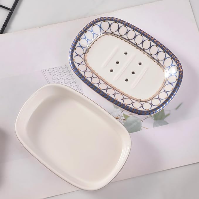Self Draining Soap Dish, Double-Layer Bar Soap Tray, White Ceramic Soap Dish with Elegant Patterns (Style B)