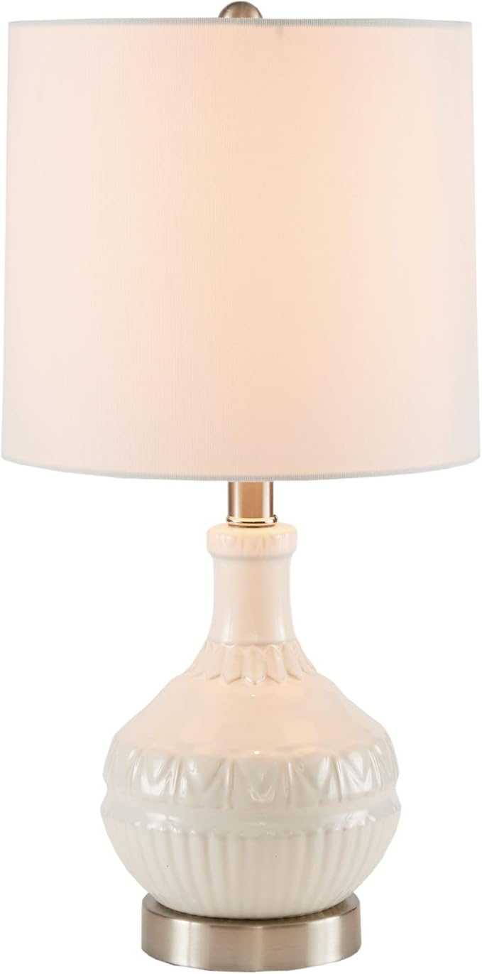 510 DESIGN Gypsy Ceramic Table Lamps for Bedroom, Nightstand Light with Cotton Blend Fabric Shade, Rotary Switch, 72" Corded, 60W, Transitional, Farm House, Used at Desk Side, Living Space - White