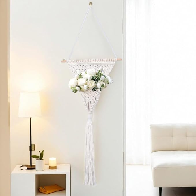 GYASVWU Cotton Rope Boho Wall Decor, Macrame Wall Hanging Decor, White Wall Art with Woven Pocket, Woven Wall Decor for Dried Flower Storage/Pampas Grass Decor/Living Room Decor/Bedroom Decor (White)