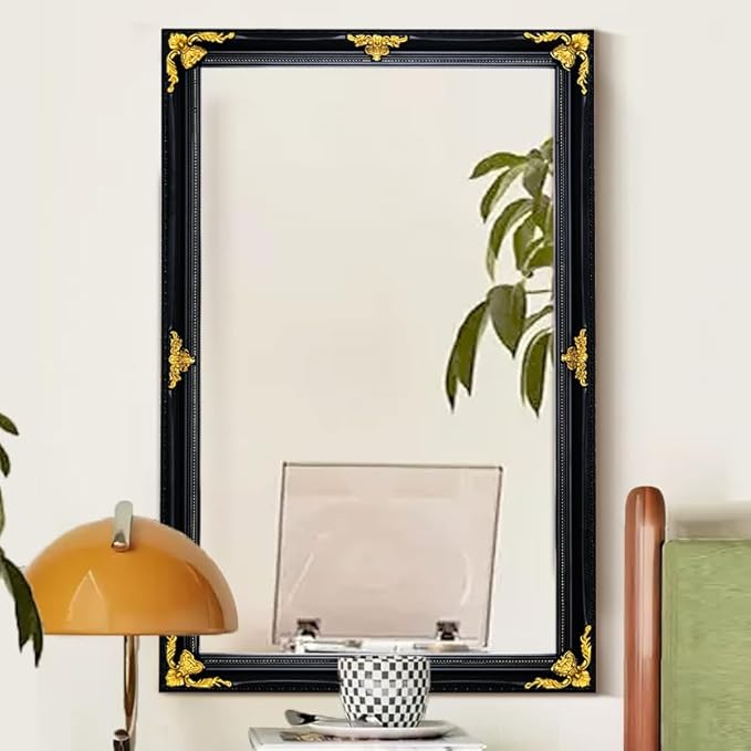 Vintage Mirror Wall Decor, 31" x 19" Black and Gold Decorative Antique Mirror with Ornate Baroque Wood Frame for Bathroom, Entryway, Living Room Over Couch