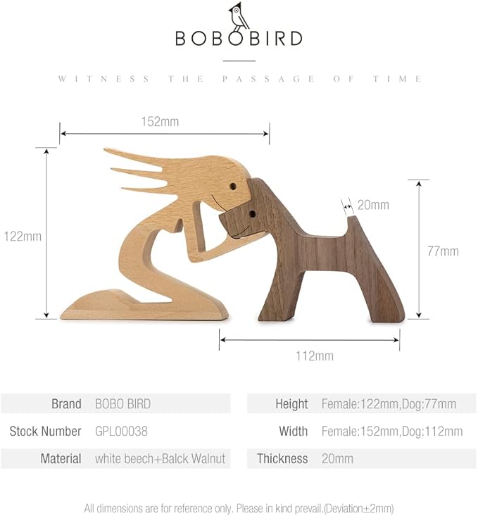 BOBO BIRD Wooden Dog Cat Family Statue, Handmade Wood Decoration, Cute Puppy, Kitty and People Sculpture Ornament Collectible Figurine Craft Arts for Home Office Living Room (Women+Puppy(L))