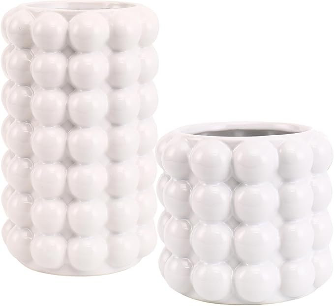 Bubble Vases, Set of 2 White Ceramic Vases, Short Vases, Ceramic Flower Vases, Unique Vases, Tall Bubble Vases for Coffe Table Decor, Decorative Vases for Living Room, Dining Table, Wedding