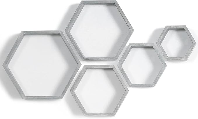 PHOENANCEE Hexagon Floating Shelves,Wall Mounted Wood Farmhouse Storage Honeycomb Wall Shelf Set of 5,for Bathroom, Kitchen, Bedroom, Living Room,Office,Driftwood Finish (Vintage Grey)