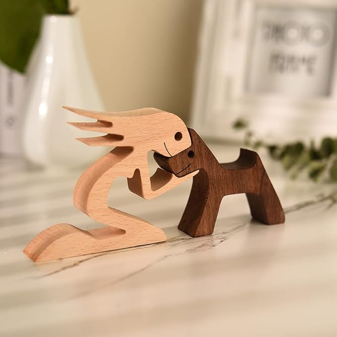 BOBO BIRD Wooden Dog Cat Family Statue, Handmade Wood Decoration, Cute Puppy, Kitty and People Sculpture Ornament Collectible Figurine Craft Arts for Home Office Living Room (Women+Puppy(L))