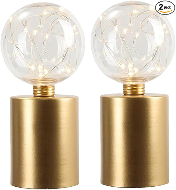 JHY DESIGN Set of 2 Gold Table Lamp Battery Powered 8''Tall Cordless Lamp Light Battery Operated Great for Living Room Bedroom Weddings Parties Indoors Outdoors
