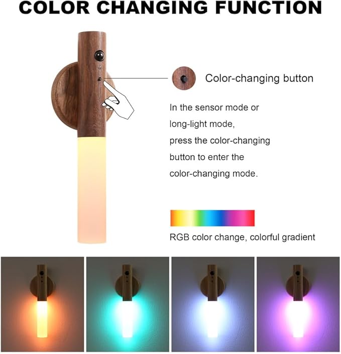 LANDGOO RGB Motion Sensor Night Light, Rechargeable Atmosphere Lamp, Battery Powered LED Portable Wooden Wall Sconce for Party Decor (RGB Walnut Wood 1PC)