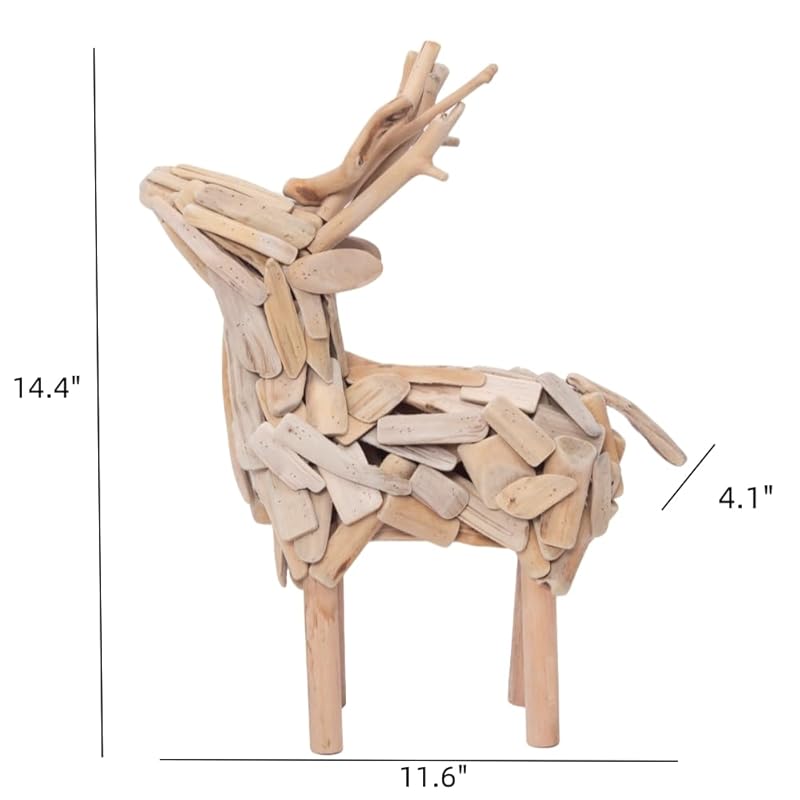 Driftwood Deer Sculpture, Rustic Buck Statue Christmas Home Decor, Decorative Stag Figurine, 14.4"H
