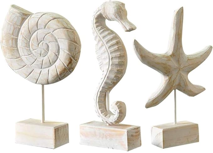 3Pcs Modern Wood Sculpture Home Decor Statue Starfish Conch Seahorse Figurines Beach Nautical Style Table Sculptures Home Decor