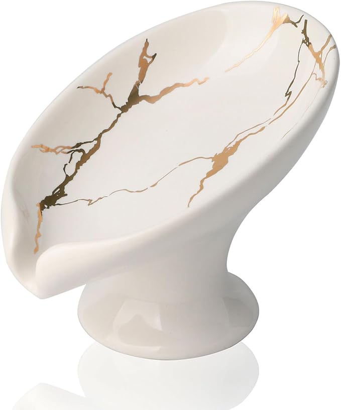 WHJY Ceramic Self Draining Soap Dish for Bar, Small Leaf Shaped Soap Dish, White Marble Soap Dish for Bathroom Shower Soap Holder Tray for Kitchen