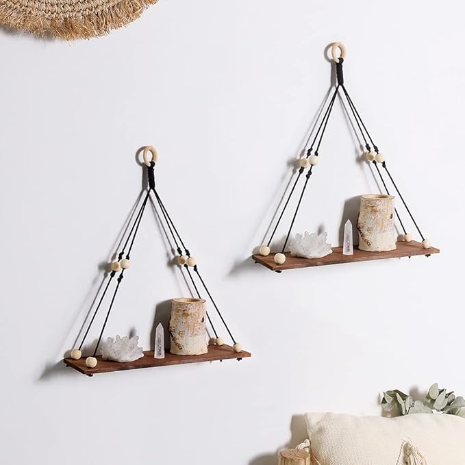 Artilady 2 Pack Wooden Wall Hanging Shelves - Macrame Hanging Plant Shelf Boho, Handmade Rustic Hanger Planter Rack Pot Stand Holder Storage Floating Shelves