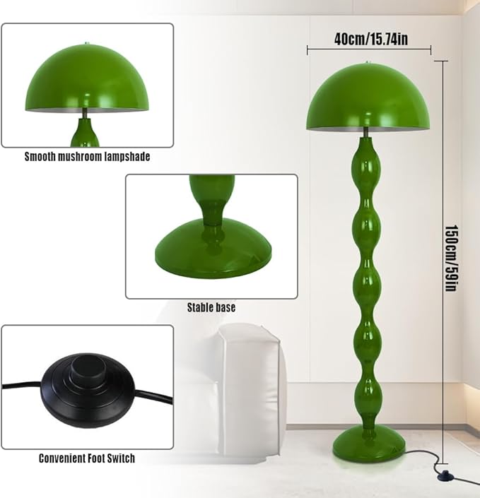 Green Floor Lamp Mushroom Lampshade,Vintage Floorlamp,Unique Lamps for Living Room Bedroom,Retro Tall Standing Lamp for Study,Girl's Room,Office,Apartment,Home Decor,Pretty Lamps Floor,Mid Century