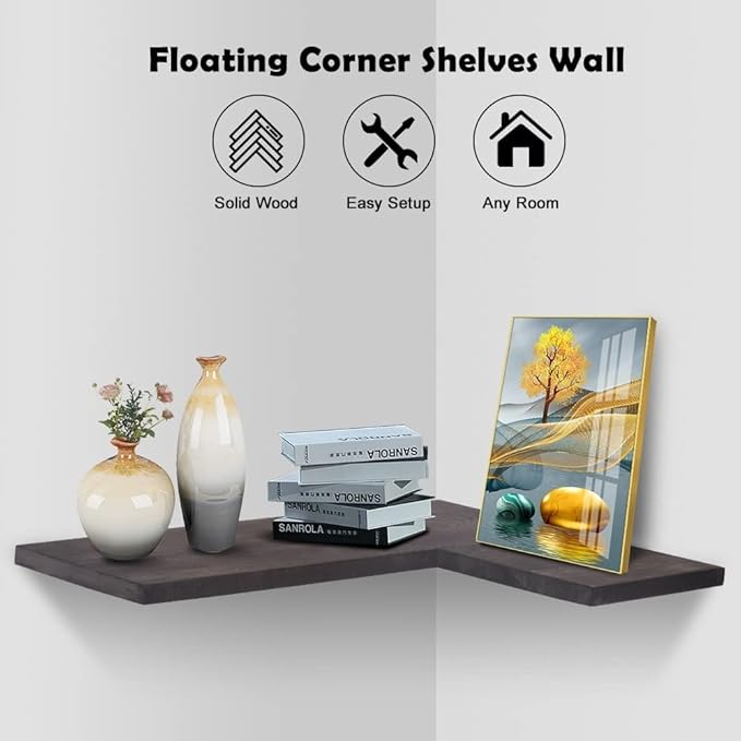 Natural Wood Set of 6 Corner Floating Shelves Wall Mounted Hanging Storage Shelves Display Decor for Bathroom Bedroom Kitchen Office Living Room L-Shaped Corner Book Shelves Carbonized Black
