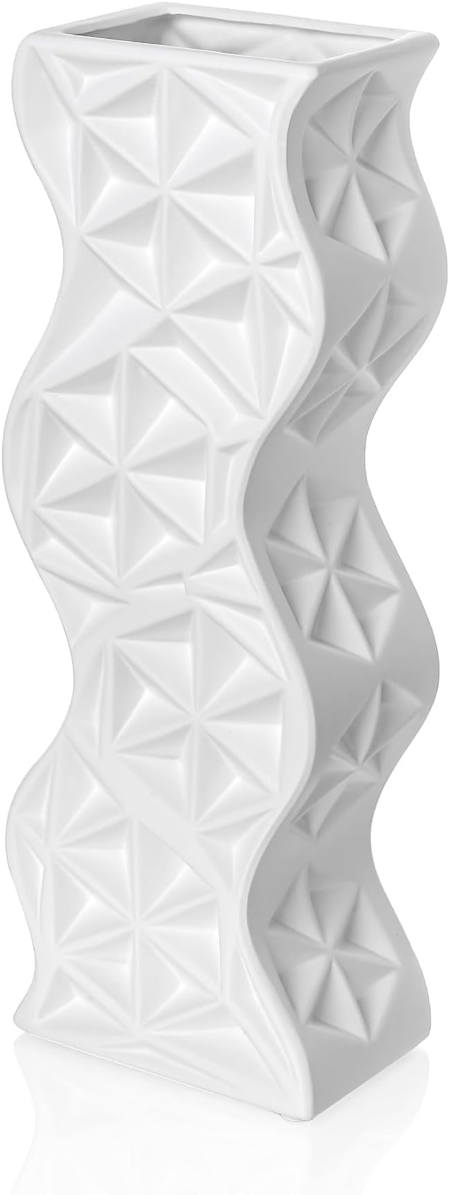 Modern White Ceramic Tall Vase, 15.94" Decorative Centerpiece for Living Room, Shelf, Table - Minimalist Twisted Design, Home Decor Flower Vase for Creative Displays
