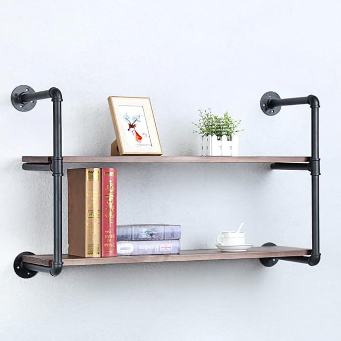 Industrial Pipe Shelving Wall Mounted,36in Rustic Metal Floating Shelves,Steampunk Real Wood Book Shelves,Wall Shelf Unit Bookshelf Hanging Wall Shelves,Farmhouse Kitchen Bar Shelving(2 Tier)